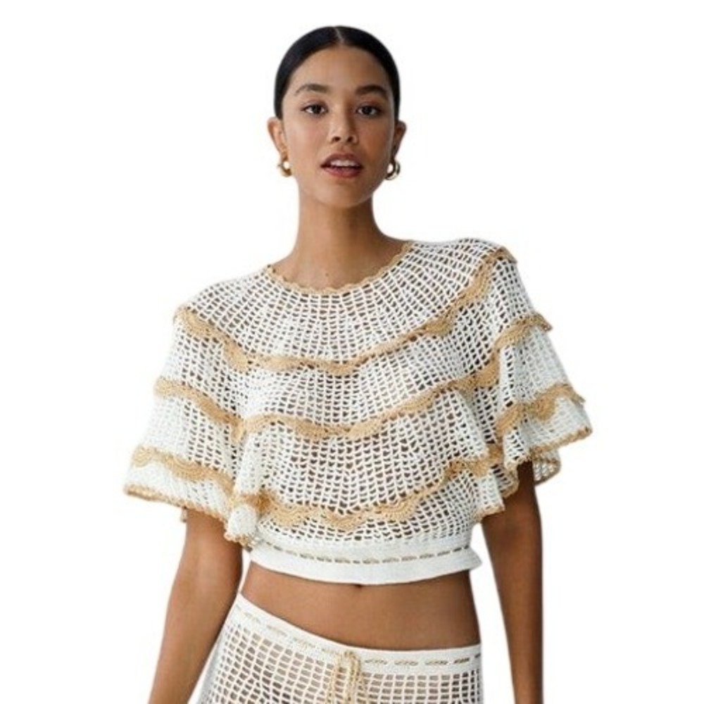 My Beachy Side Rima Crochet Poncho‎ Top White Gold M